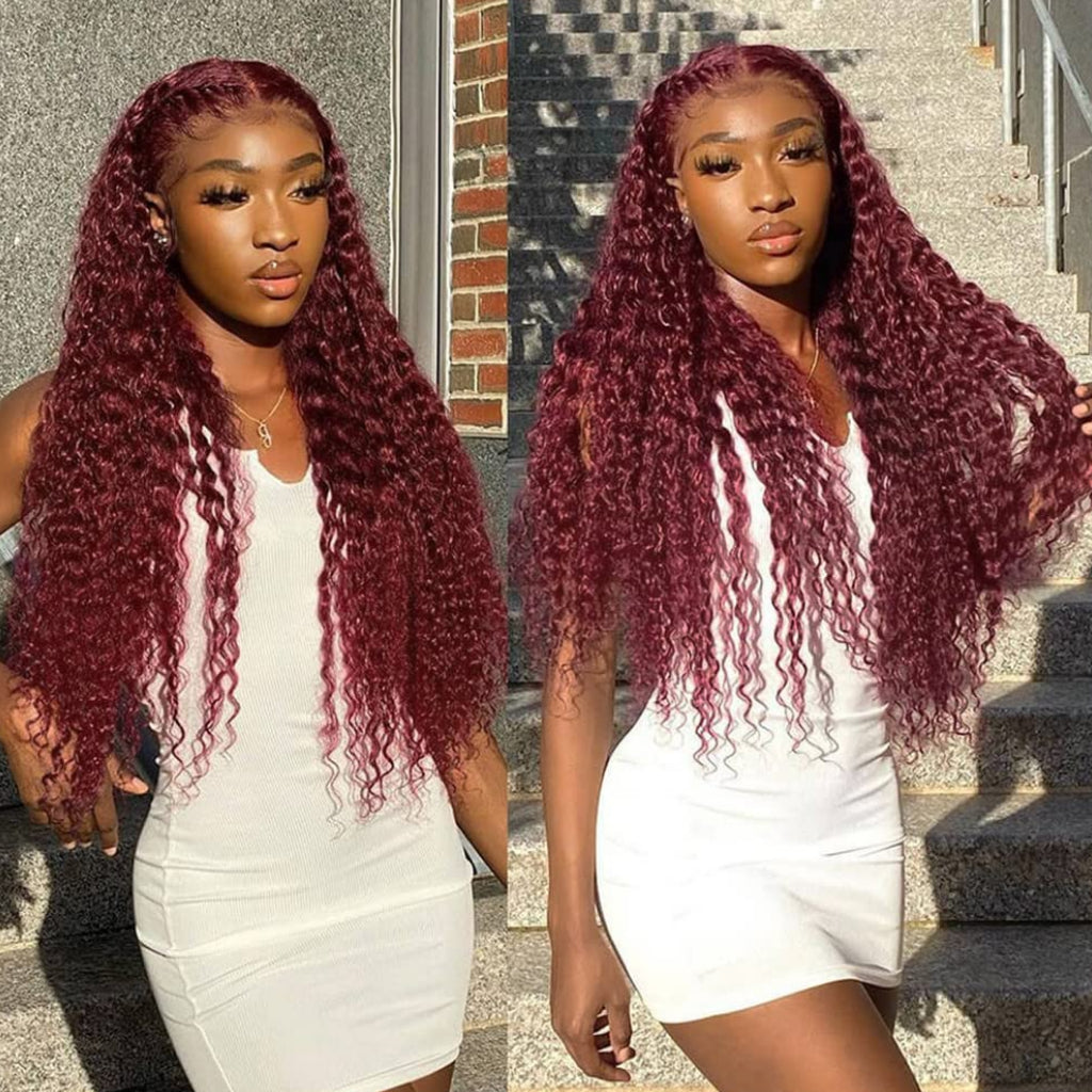 Deep Wave Human Hair Wigs For Black Womens 99J Burgundy Red Color