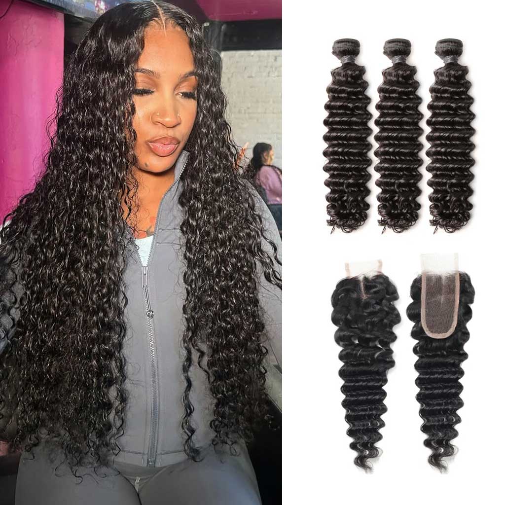 10A Brazilian Deep Wave 3 Bundles With 2X6 HD Lace Closure Deal