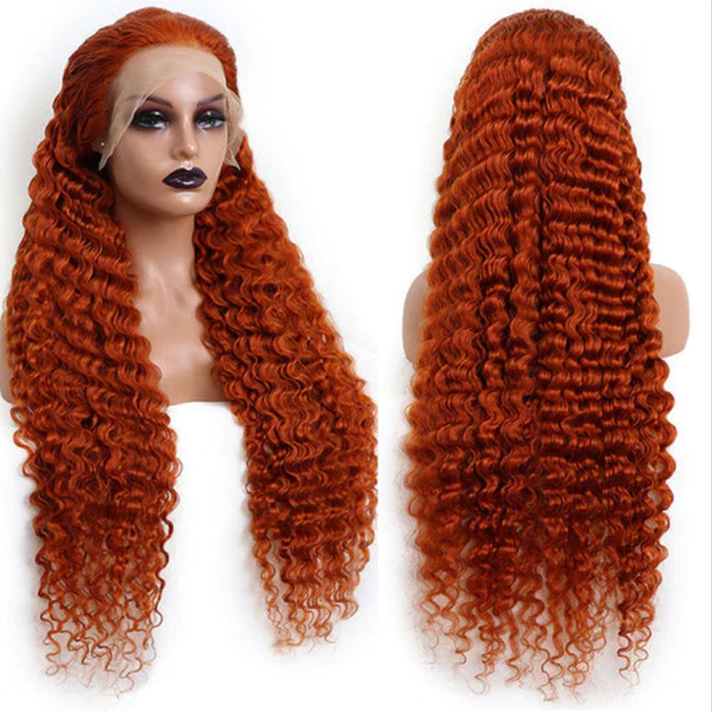Ginger-Orange-Lace-Front-Wigs-Human-Hair-13x4-Transparent-Hd Lace-Frontal-Wig-Deep-Wave-Curly-Wig-Burnt-Orange-Wet-And-Wavy-Wigs-Lace-Front-Wigs-#350-Colored-Closure-Wigs