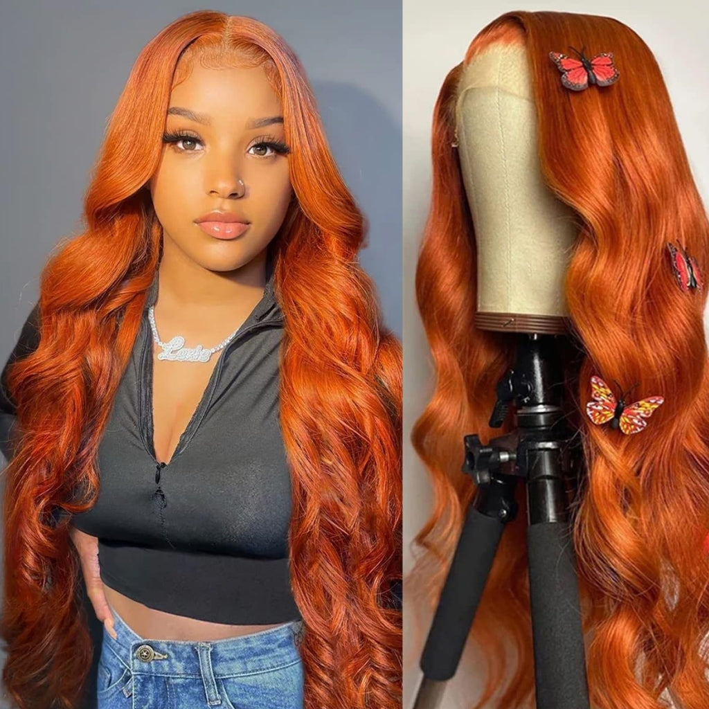 Fleeky Hair Orange Ginger Color Wigs Transparent Lace Body Wave 13x4 L