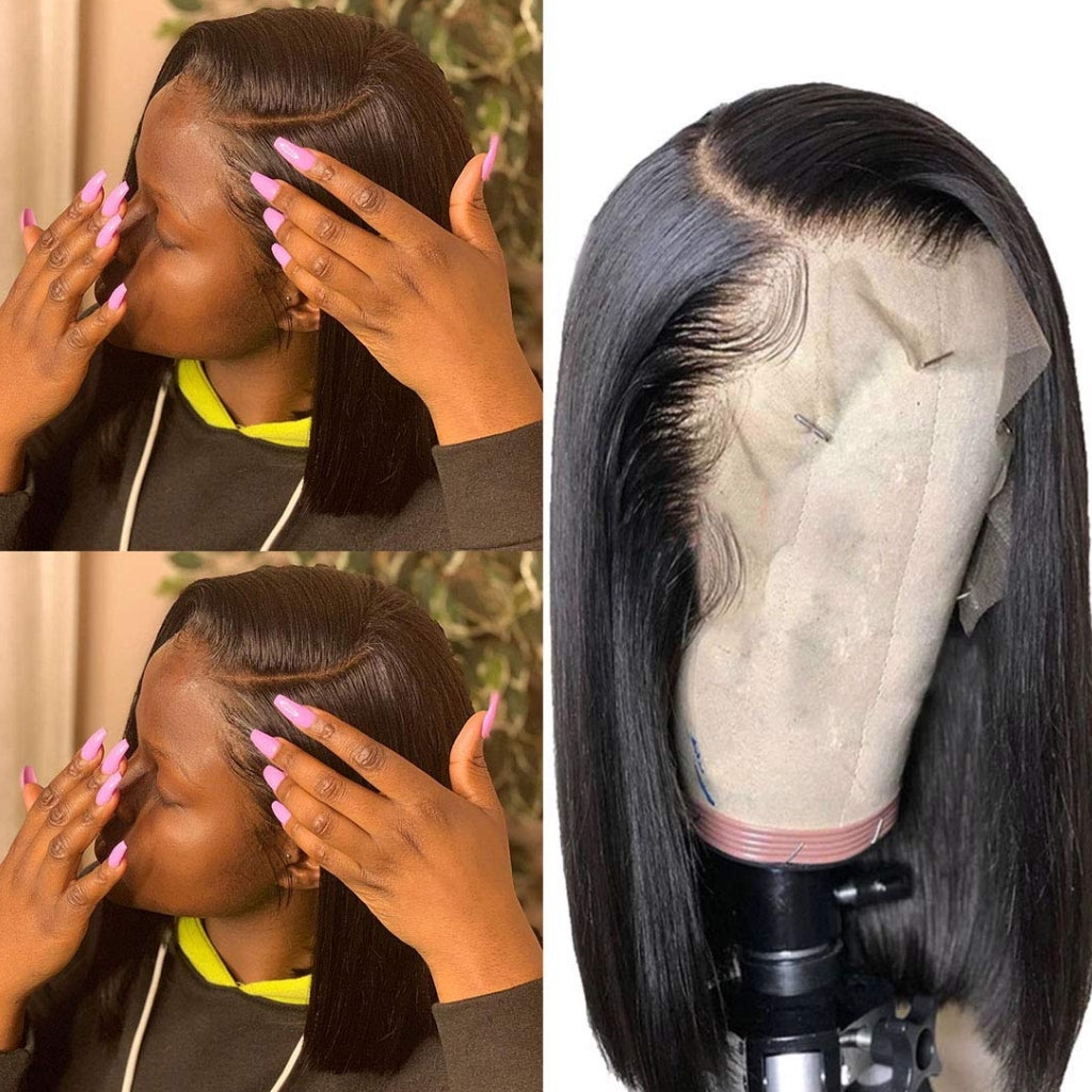 Bob-Wig-Human-Hair-WIG-Straight-13X4-Lace-Front-Wig-Human-Hair-150%-Density-Short-Straight-Bob-Wig-13x4-HD-Transparent-Lace-Frontal-wig-Pre-Plucked-With-Baby-Hair-Free Part Natural-Color-for-black-women