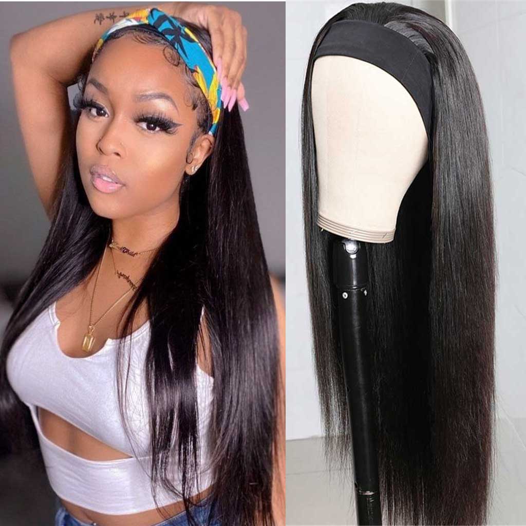 Headband with Straight Hair Extensions for Women Girls (Black)