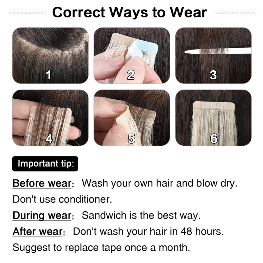 Tape-in-Hair-Extensions-Jet-Black-100%-Tape-in-Remy-Human-Hair-20pcs-50g-pack-Straight-Seamless-Skin-Weft-Tape-in-Hair-Extensions-How-to-Wear-it-correctly