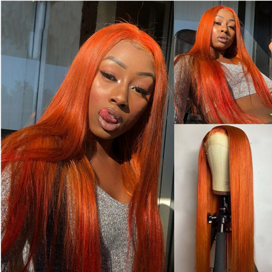 350-Orange-Ginger-color- Human-lace-front-wig-for-black-women-glueless-transparent-straight-hair-frontal-wig