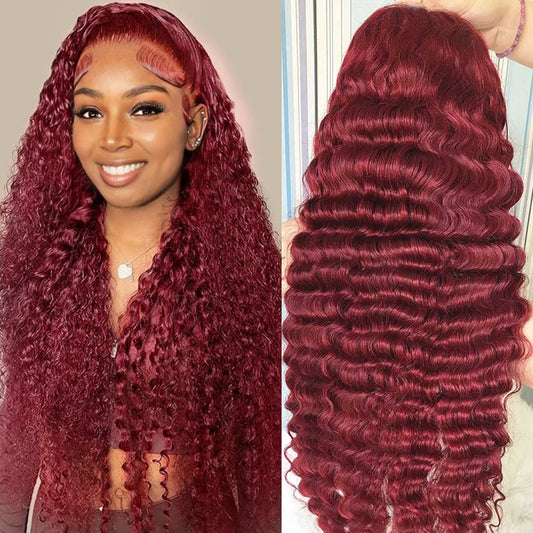 Burgundy-Deep-Wave-Lace-Front-Wigs-Human-Hair-180%-Density-10A-Grade-Deep-Curly-13x4-HD-Transparent-Lace-Front-Human-Hair-Wigs-for-Black-women-beauty-colored-wigs