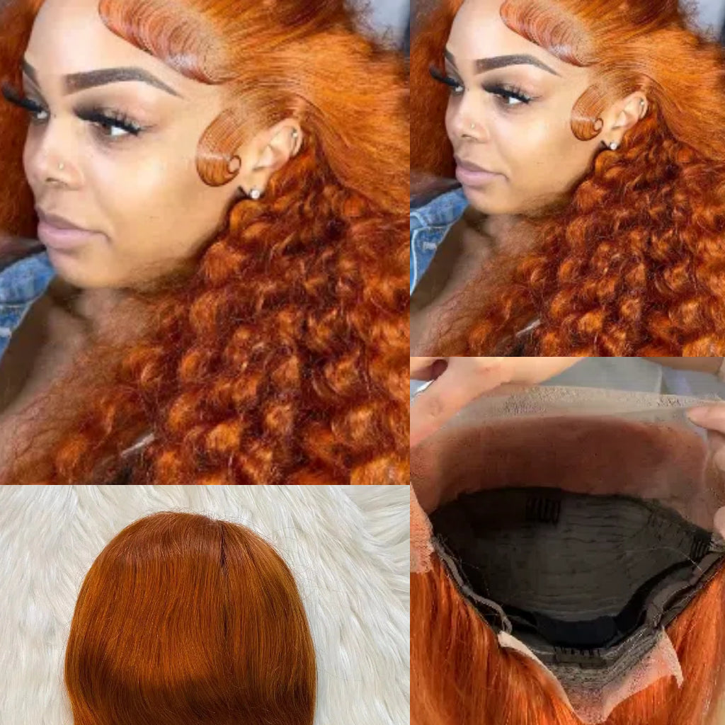 Ginger-color-Orange-Lace-Front-Wigs-Human-Hair-13x4-Transparent-Hd Lace-Frontal-Wig-Deep-Wave-Curly-Wig-Burnt-Orange-Wet-And-Wavy-Wigs-Lace-Front-Wigs-#350-Colored-4x4-Closure-Wigs