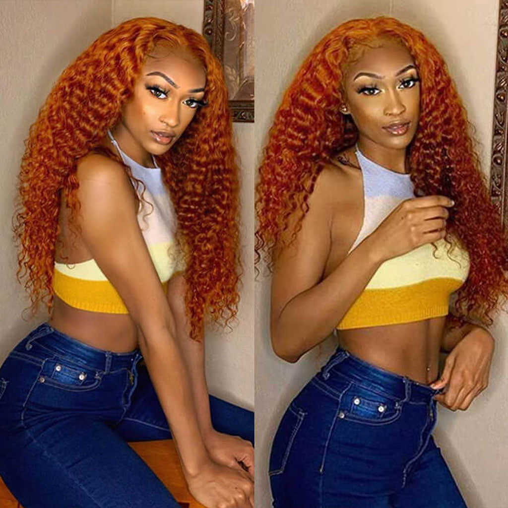 Ginger-Orange-Lace-Front-Wigs-Human-Hair-13x4-Transparent-Hd Lace-Frontal-Wig-Deep-Wave-Curly-Wig-Burnt-Orange-Wet-And-Wavy-Wigs-Lace-Front-Wigs-#350-Colored-Closure-Wigs