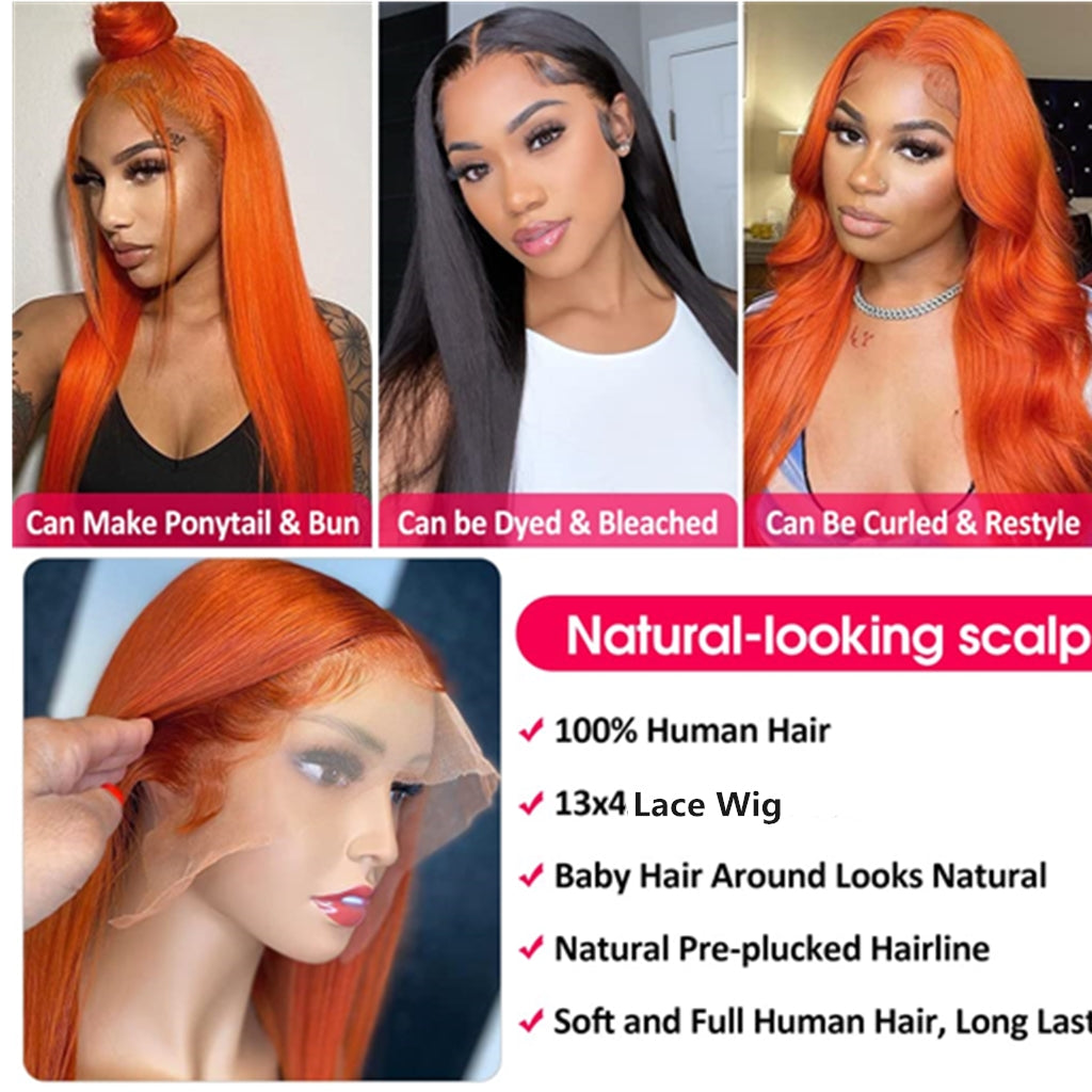 350-Ginger-Orange-Straight-colored-Lace-Front-Wig-Brazilian -Pre-Plucked-Human-Hair-Wigs-13x4-Transparent-Lace-Front-Wig-350-colored-wigs-for-woman-for-girls-150-density-180-density-250-density-lace-frontal-wig