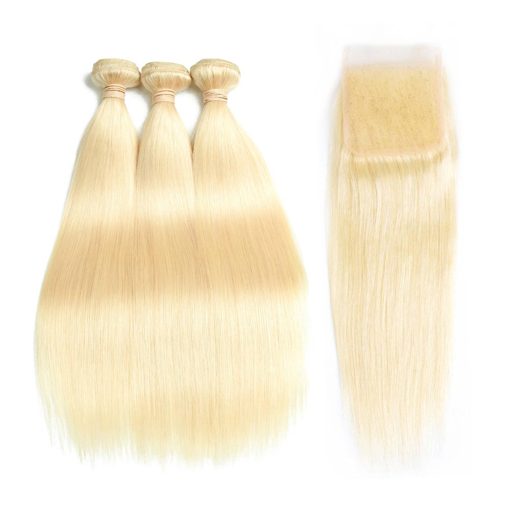 Blonde-613-human-hair-weaves-brazilian -straight-with-free-part-lace-closure-deal