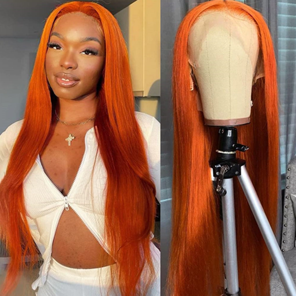 Ginger-Orange-Straight-Lace-Front-Wig-Brazilian -Pre-Plucked-Human-Hair-Wigs-13x4-Transparent-Lace-Front-Wig-350-colored-wigs-for-woman-for-girls-150-density-180-density-250-density-lace-frontal-wig