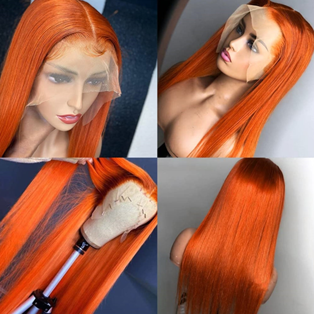 Ginger-Orange-Straight-Lace-Front-Wig-Brazilian -Pre-Plucked-Human-Hair-Wigs-13x4-Transparent-Lace-Front-Wig-350-colored-wigs-for-woman-for-girls-150-density-180-density-250-density-lace-front-wig