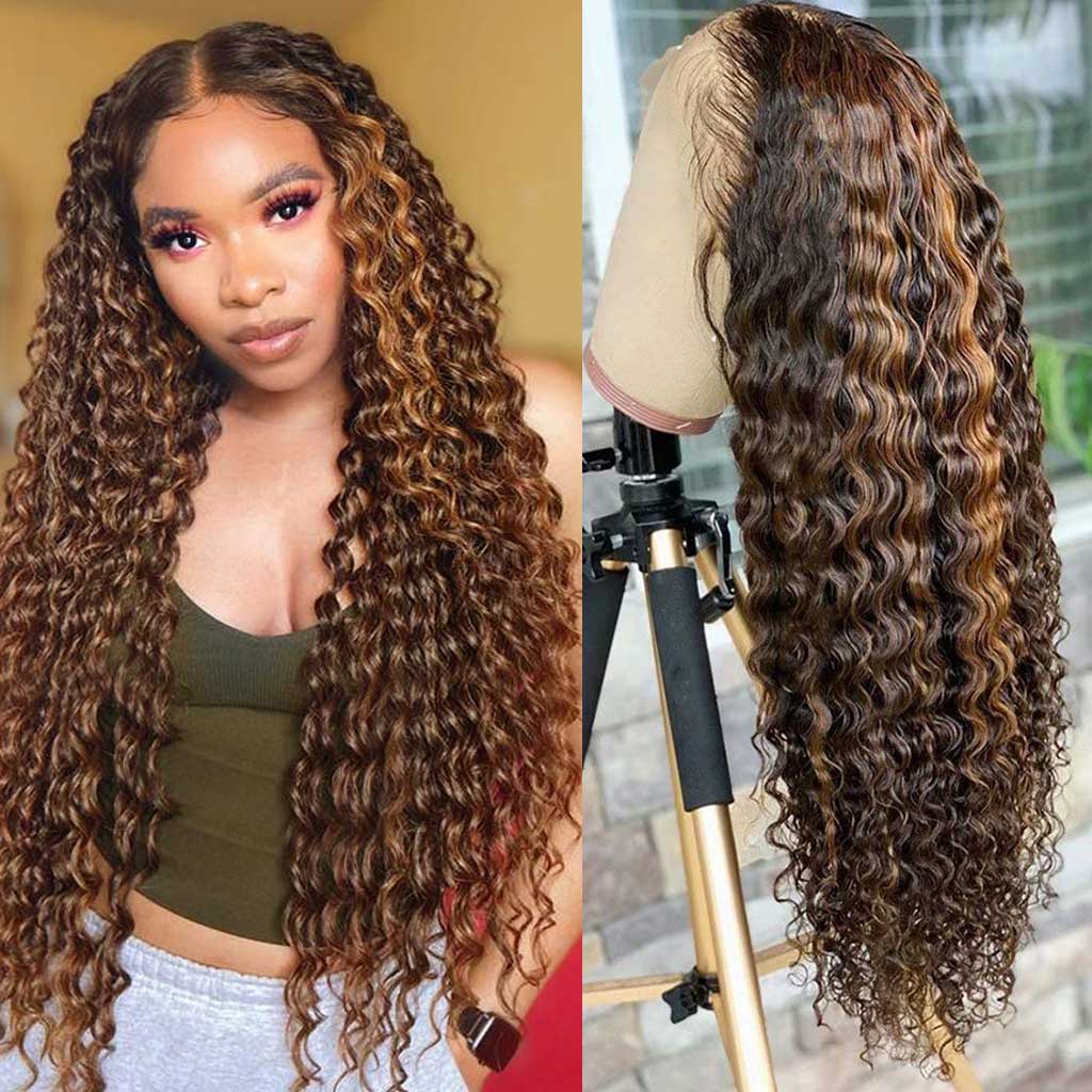 Fleeky Hair Highlight Wig Piano Color 4/27 Ombre Brown Honey Blonde Deep  Wave 13x4 Lace Front Wig Transparent Lace Wigs
