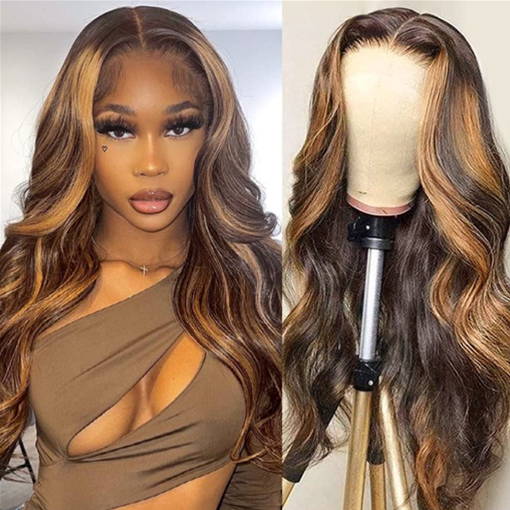 Highlight -Wig-Piano-Colored-4-27-Ombre-Honey-Blonde-Body-Wave-Hair-4x4-Transparent-Lace-Closure-Wigs-Pre-Pluked