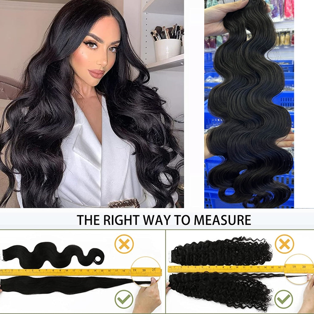 Tape-in-Hair-Extension-Black-Long-Body-Wave-100%-Real-Human-Hair-#1B-Natural-Black-Wave-Hair-Extension